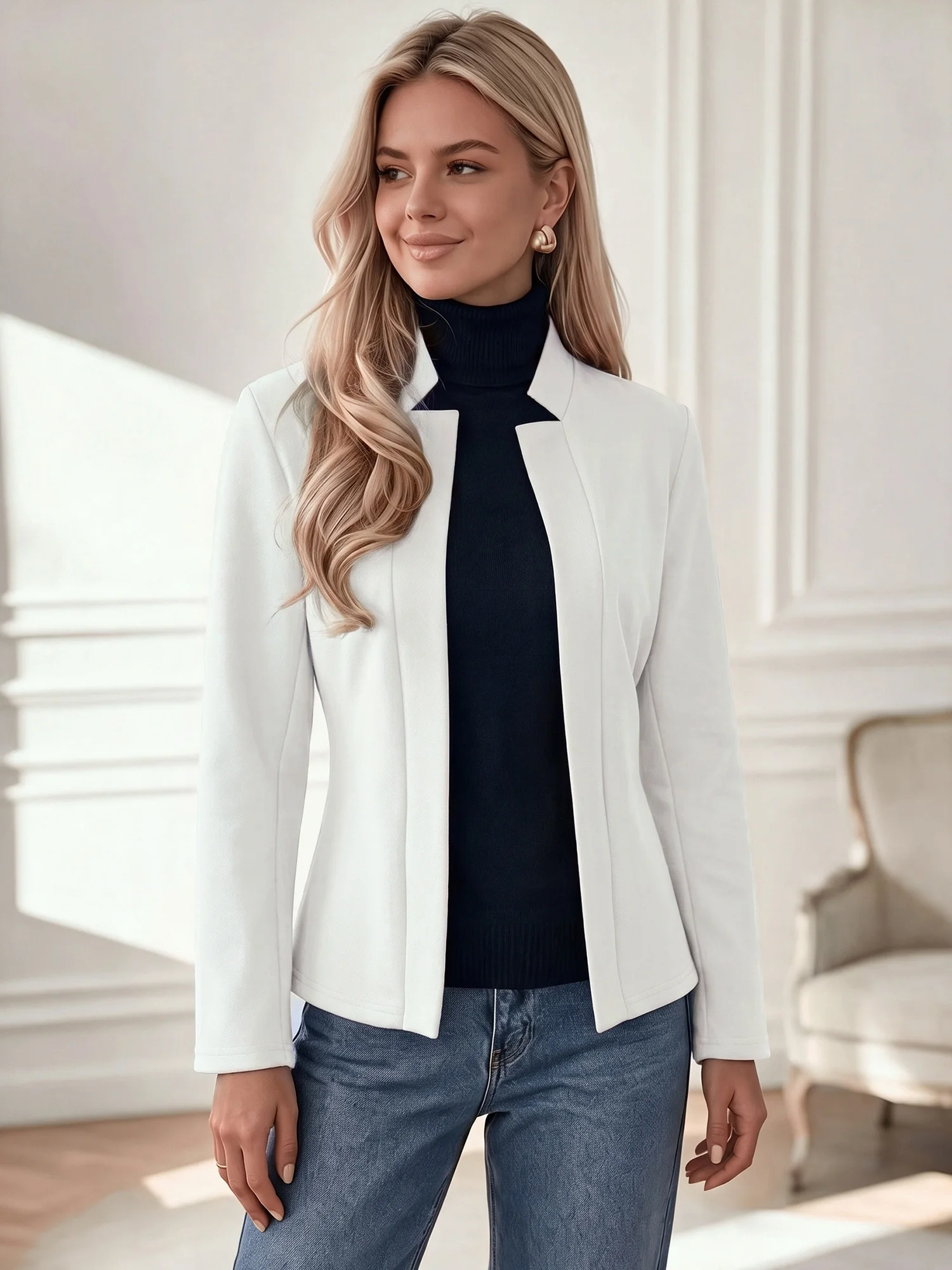 Chic Ladies Solid Long Sleeve Open Front Blazer Mandarin Collar Slim Fit Casual Outer Coat