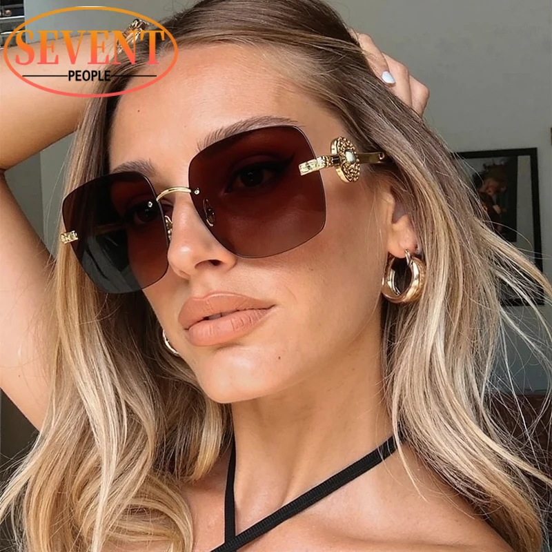 نظارات شمسية مربعة عصرية كبيرة الحجم بدون إطار 2025 ماركة فاخرة عتيقة Y2K بإطار معدني فاسق نظارة شمسية للسيدات بدون إطار