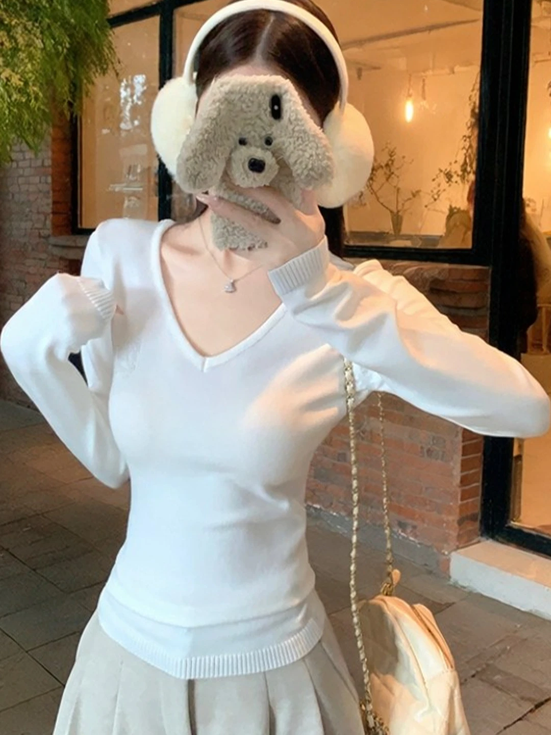 Unique Hollow out V-Neck Sweater Women's Fashion Slimming Inner Wear Knitted Top for Autumn Winter Stylish Girl's Fashion