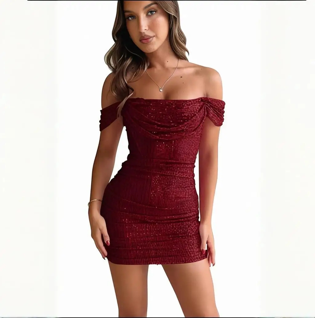 

KIVARY Bling Bling Sequins Wine Red Off the Shoulder Simple Sexy Short Mini Skirt Prom Homecoming Cocktail Party Dresses