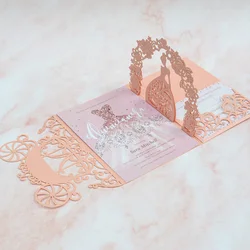 Luxury Pocket Fold Pink Envelope Laser Cut Cinderella Carriage Quinceanera Invitations