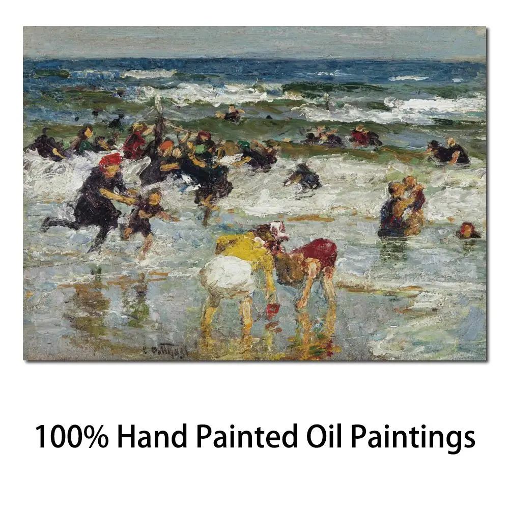 

Modern Canvas Art Children Playing in the Surf By Edward Henry Potthast Paintings Handmade Beach Artwork Room Decorative