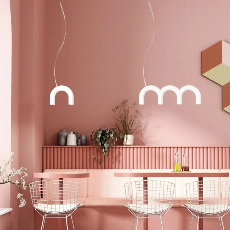 

Oblure Arch Chandelier Post Modern Design Pendant Light for Coffee living Room Kitchen U shaped Lamp Blue Metal macaron lamp