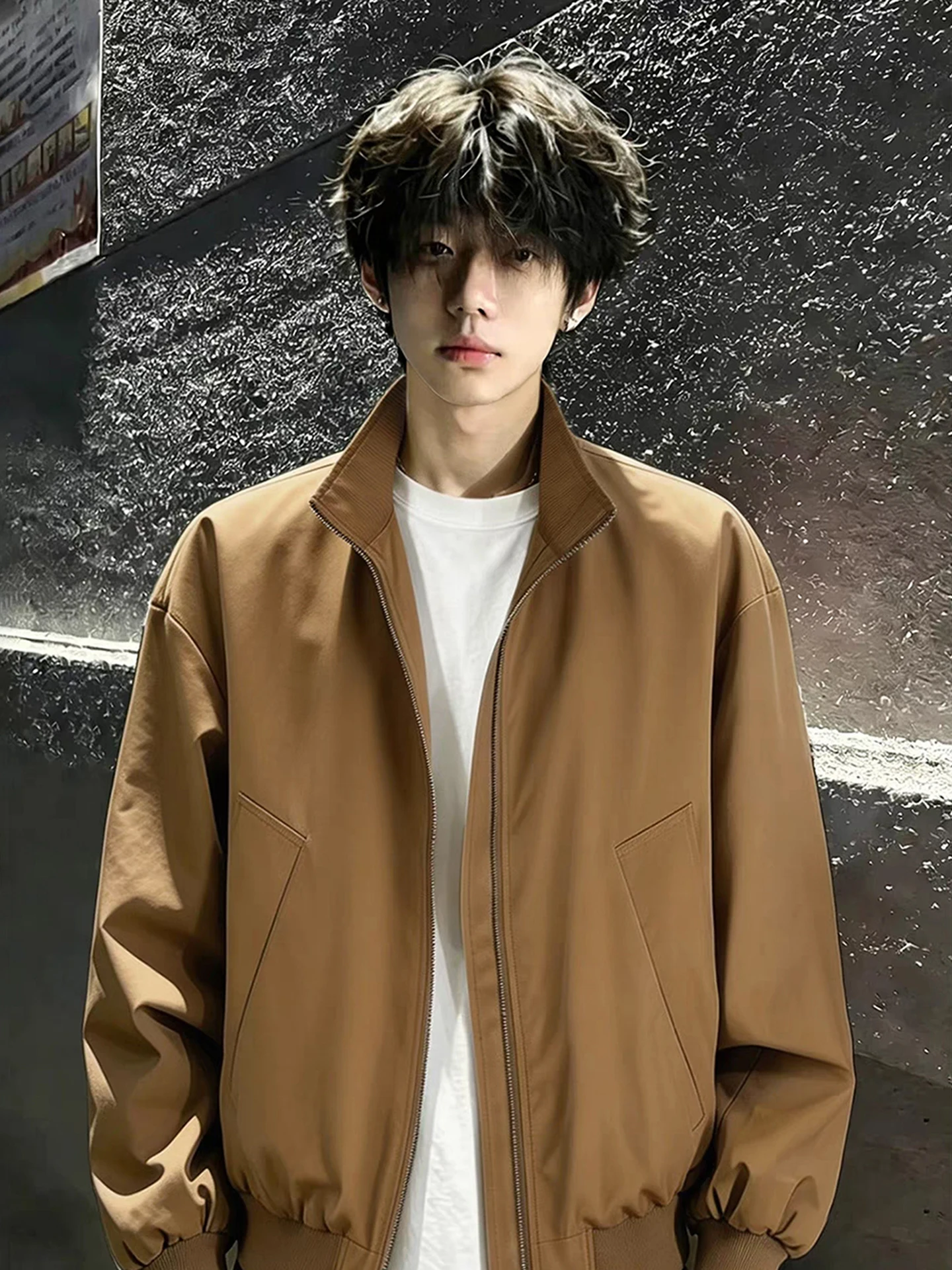 Gray American Style Bomber Flight Jacket Men's Autumn Stand Collar Baseball Uniform High-End Loose Short Outerwear