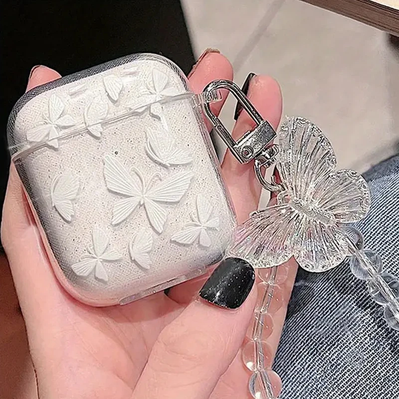 For Airpods Pro 2nd Earphone Case With Keychain Crystal Butterfly Pendant Bead Bracelet Earphone Case For Apple Airpods4/2/3/pro