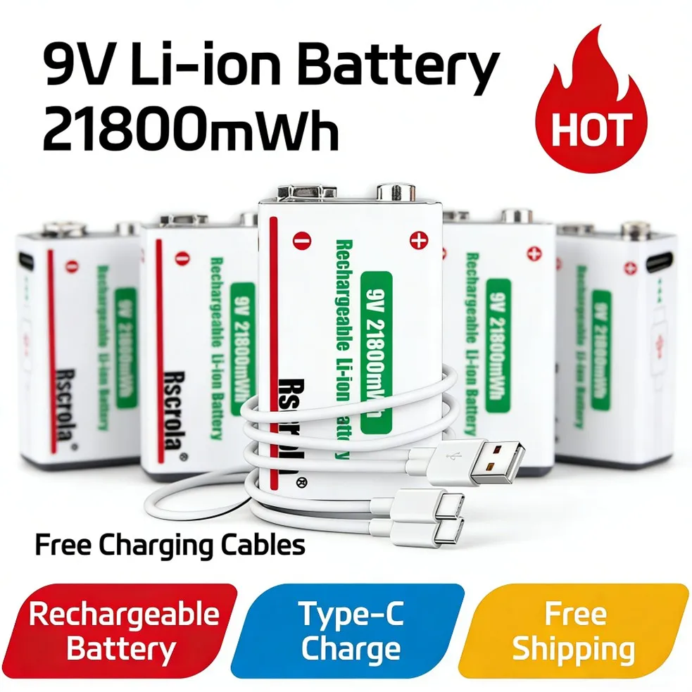 Rechargeable 9V Battery 21800mWh Large Capacity 9V Li-Ion Batteries with USB-C Charging Cable Long Life for Multimeter Toys Lamp
