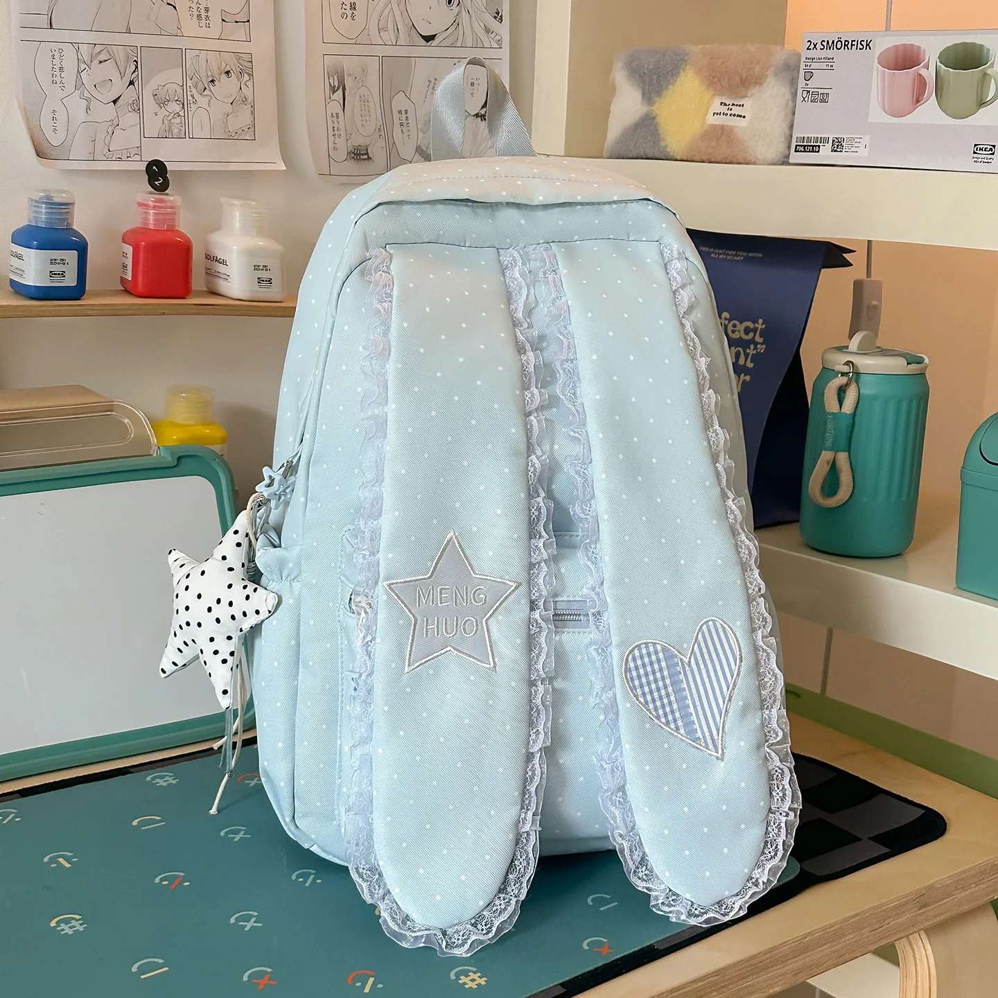 Ins Sweet Lolita Style Lace Trim Nylon Backpack Cute Polka Dot Heart Daypack for Teen Students Large Capacity Back To School Bag