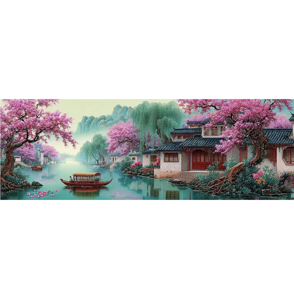 Jiangnan Natural Landscape DIY Diamond Painting Large Size Full Round Square Pillow Tree Water Town Diamond Moasic Embroidery view 2