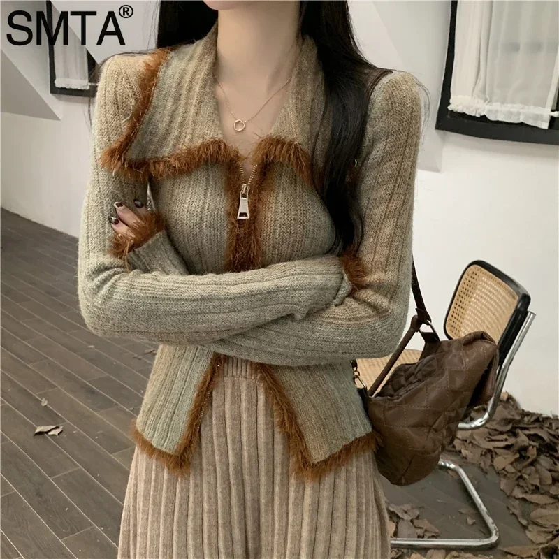 SMTA Vintage Gradient Polo Zipper Cardigan Women Autumn Winter 2024 Long Sleeve Cashmere Sweater Knitted Top Outwear Jumpers