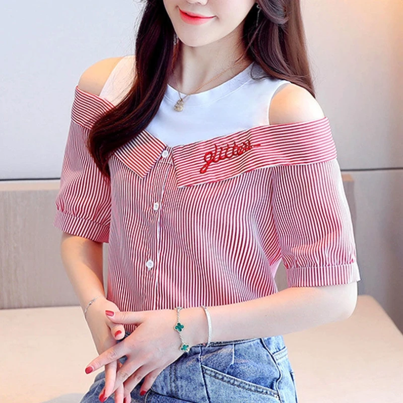 2024 Summer New Fashion Off Shoulder Fake Two Piece Shirt Women\'s Striped Tank Top Short Sleeve Shirt Fashion Casual Letter Top