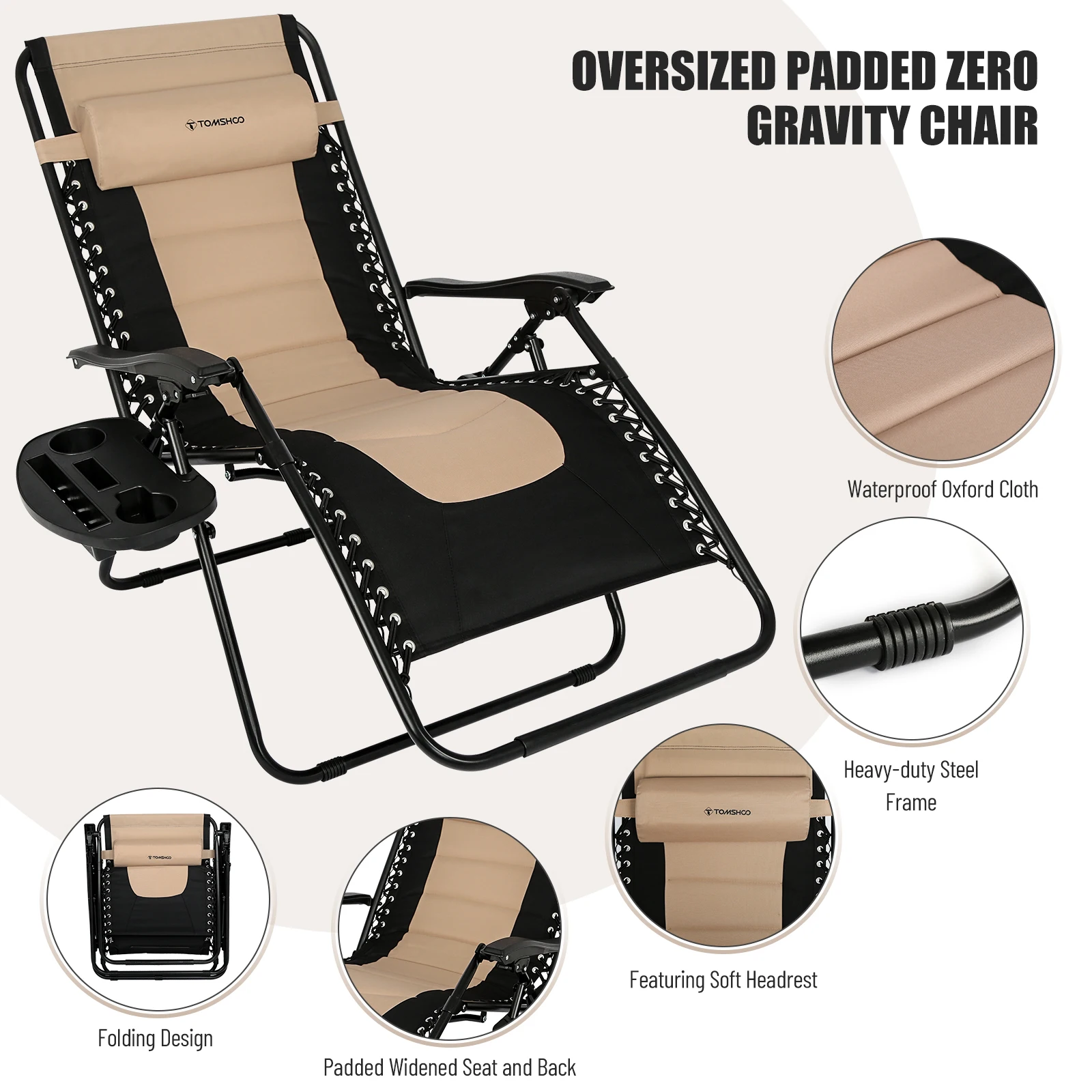 

Outdoor Folding Lounge Chair Waterproof Oxford Cloth with Cotton Padded Adjustable Patio Zero Gravity Reclining Chair