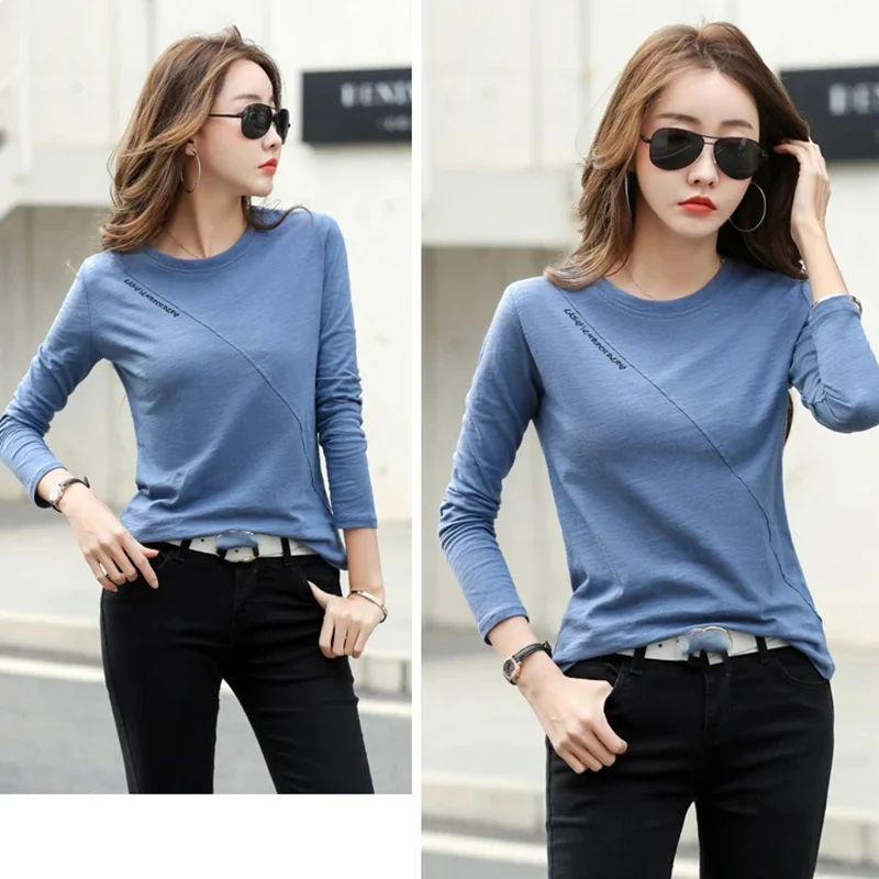 

Smvp, новинка сезона осень-зима 2024 года, Хлопковая женская футболка с длинным рукавом и вышивкой, корсет с круглым вырезом, топы, женская универсальная однотонная туника