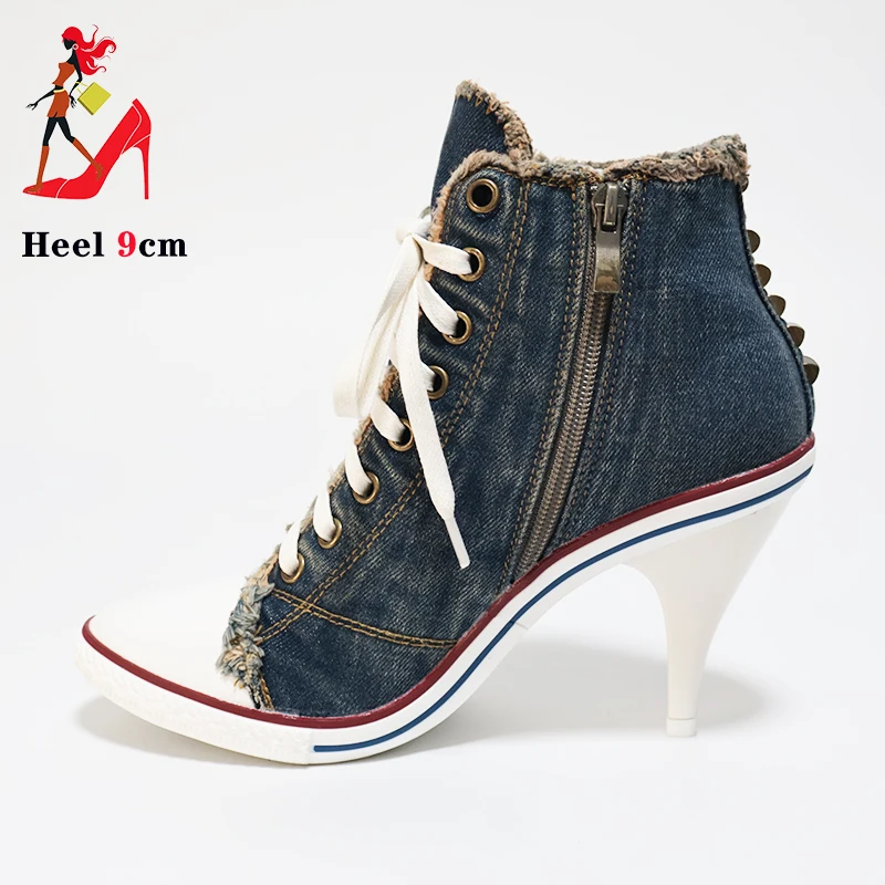 Denim Women Boots Design Stiletto 9CM High Heel Shoes Fashion Lady Lace up Pointed Ankle Boots Sexy High-heeled Thin Heel Shoes