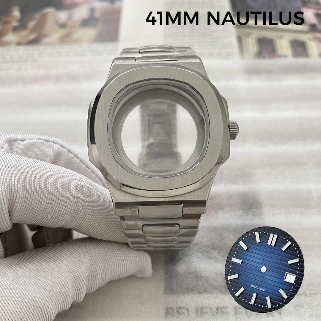 حافظة ساعة 41 ملم وحزام ساعة على طراز نوتيلوس إكسسوارات ساعة زجاجية من الياقوت مناسبة لحركات NH35 NH38 NH70