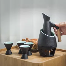 Japanese-style ceramic wine cabinet set includes 1 wine jug, 1 wine cabinet, 4 sake glasses, 1 tray and candle heater