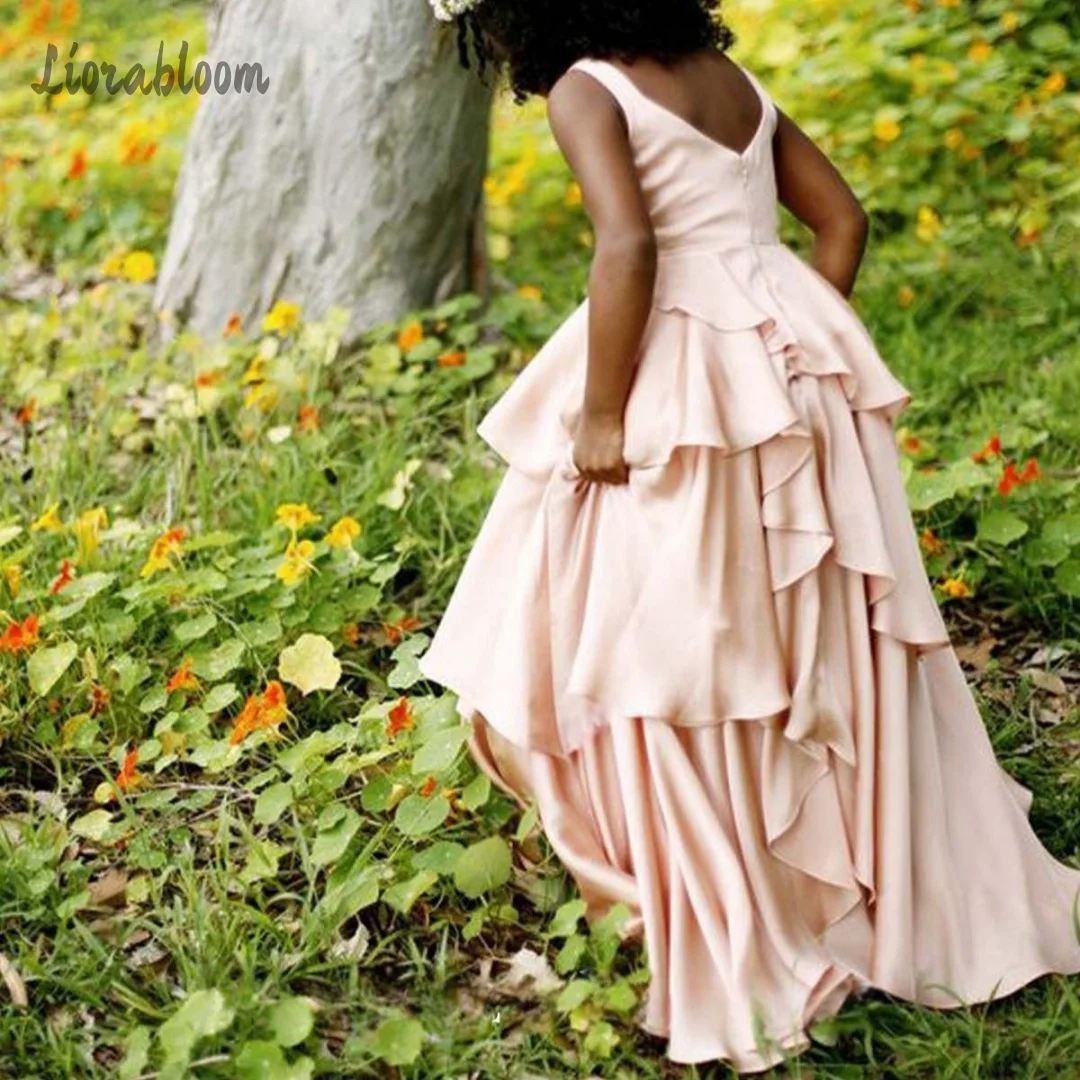Customized Asymmetric Layered Chiffon Dress Girls Pink High Low Hem Princess Dress Kids Wedding Guest Birthday Party Gown view 3