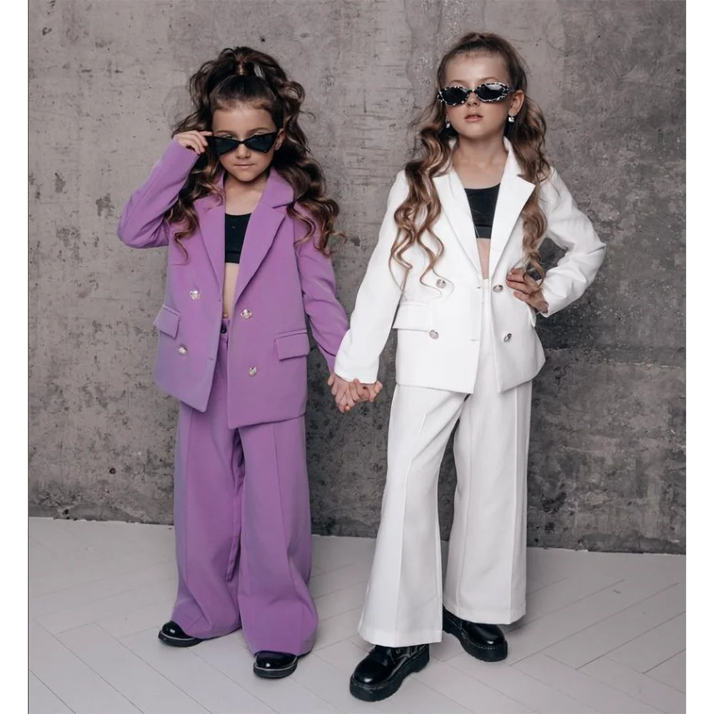 Vestiti chic per bambina 2 pezzi Moda risvolto con risvolto doppio petto Set per bambini Abito da sposa casual per feste per ragazze (giacca + pantaloni)