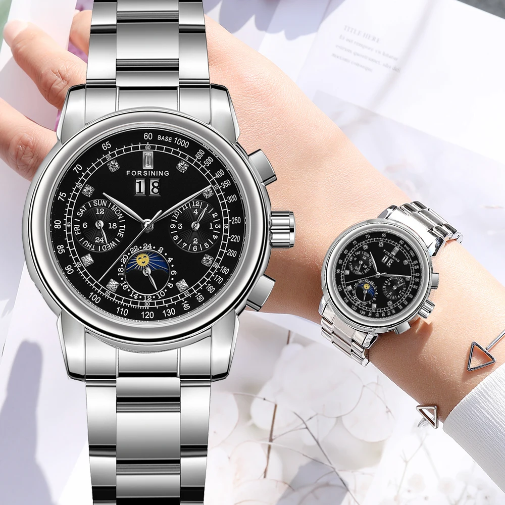 Fashion Forsining Top Brand Luxury Silver Black Moon Phase Women Mechanical Multifunctional Full Stainless Steel Automatic Watch