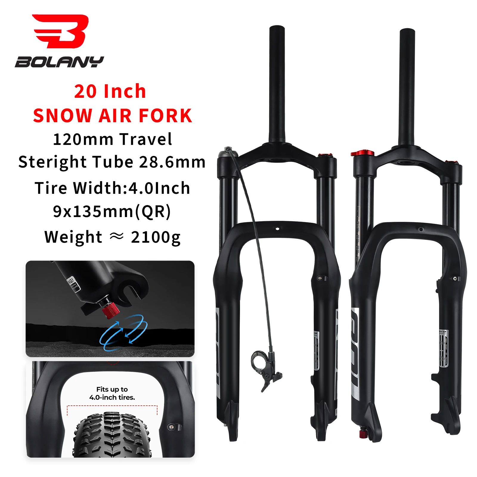 BOLANY 20 * 4,0 Zoll Luftversorgungsgabel Fat Tire Air Fork Schnee Vorderradgabel MTB Gabel QR 9 x 130 mm Reise-E-Bike-Gabel