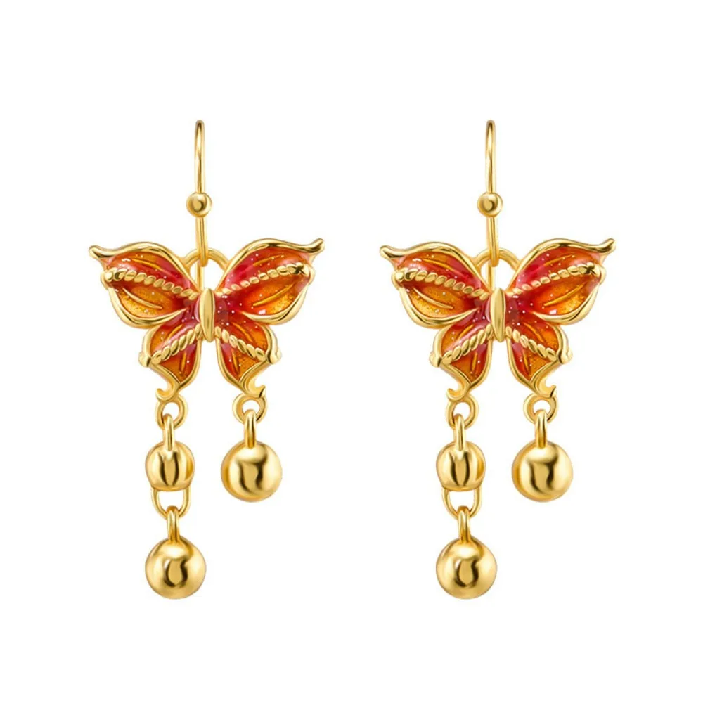 

New Bohemia Style Hand-painted Enamel Orange Butterfly Fishhook Earrings New Chinese Style National Style Little Tassel Earrings
