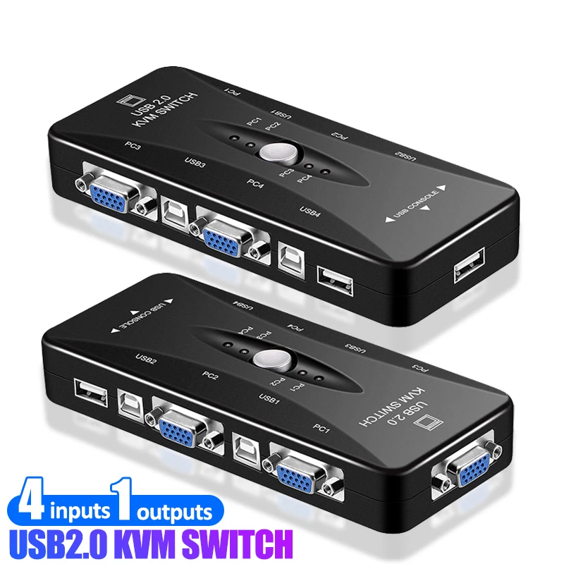 4 Port VGA KVM Switch 1080P USB2.0 VGA Splitter Mouse Keyboard Printer Pendrive Share Switcher Box Adapter 2 In 1 Out KVM Switch