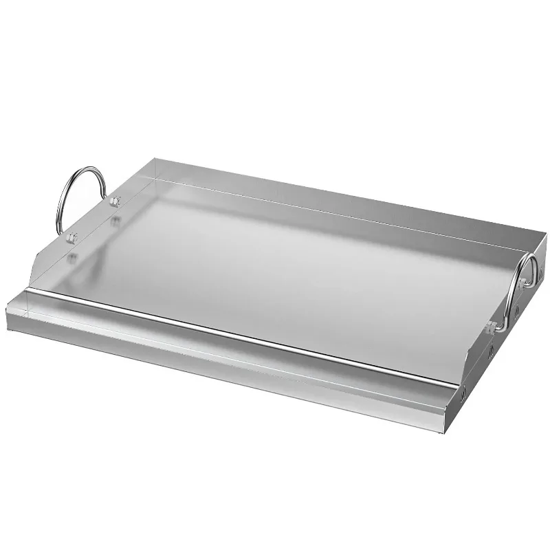 Universal stainless steel cooking grill with flat top plate inserts with grease slots and handles