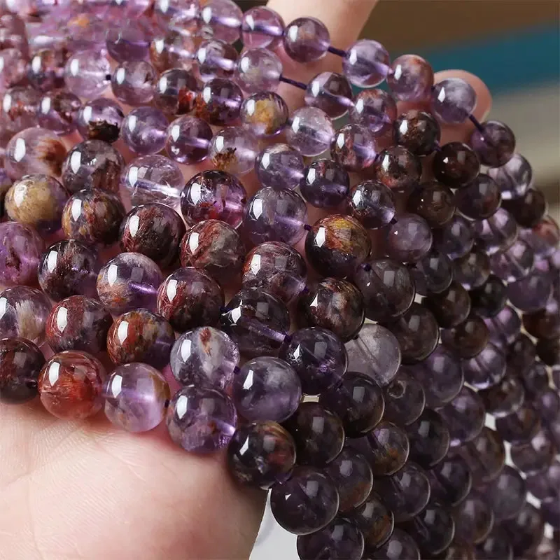 Natural Stone Amethysts Purple Rutilat Phantom Quartz Smooth Round Loose Beads 6/8/10/12mm For DIY Bracelet Jewelry Making