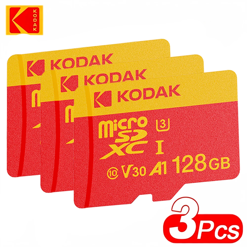 Оптовая продажа 3 шт. карт памяти Kodak Micro SD 32G 64G 128G SDXC TF U3 Class 10, высокоскоростные, 100 МБ/с, с адаптером для телефона и камеры