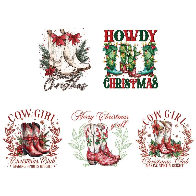 

Chrsitms Cowboy Shoes Iron On Transfers For Clothing T-shirt Jacket Heat DTF Transfer Patches Thermal Heat Stickers