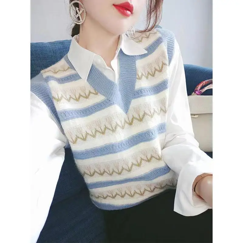 Fake Two Pieces Turn-down Collar Contrast Color Striped Button Long Sleeve Patchwork Sweater Knitted Pullover Women's Tops