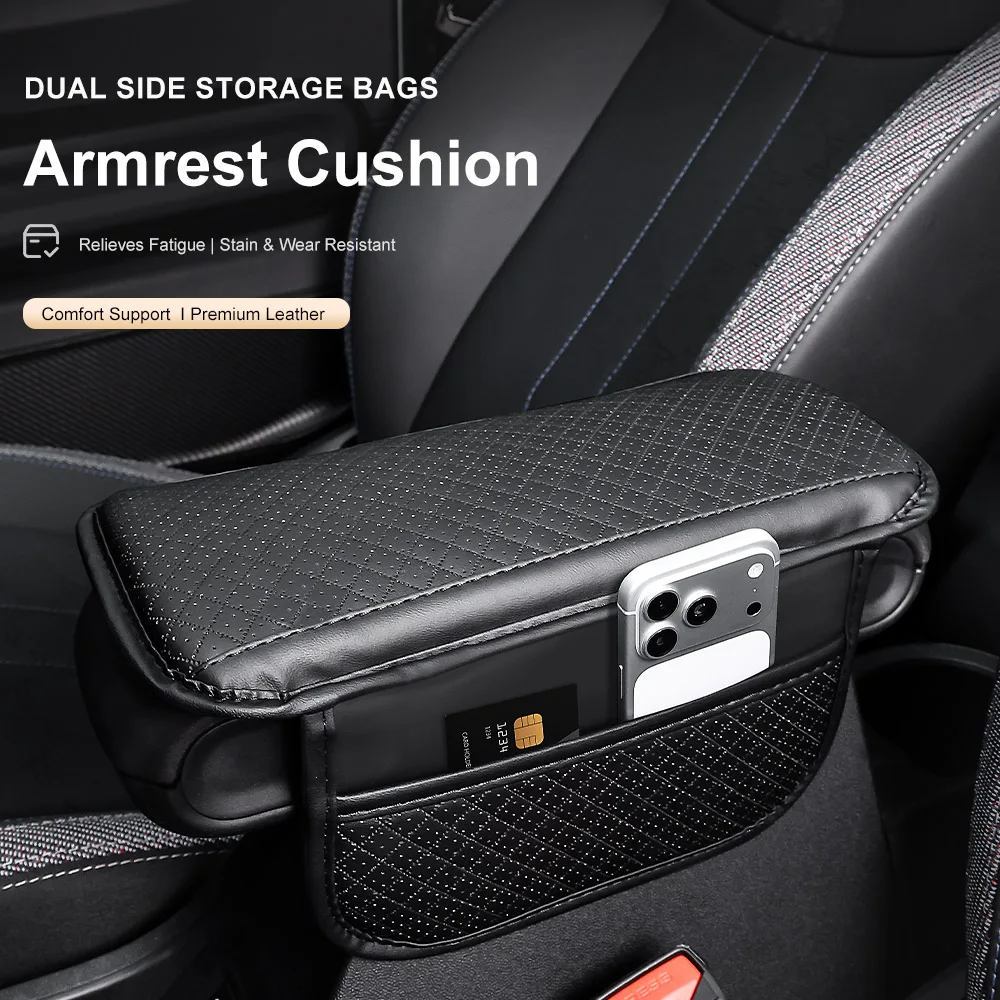 Car Armrest Box Pad Wear-Resistant Center Console Arm Rest Protector Cover Memory Foam with Storage Pocket Elbow Rest Cushion