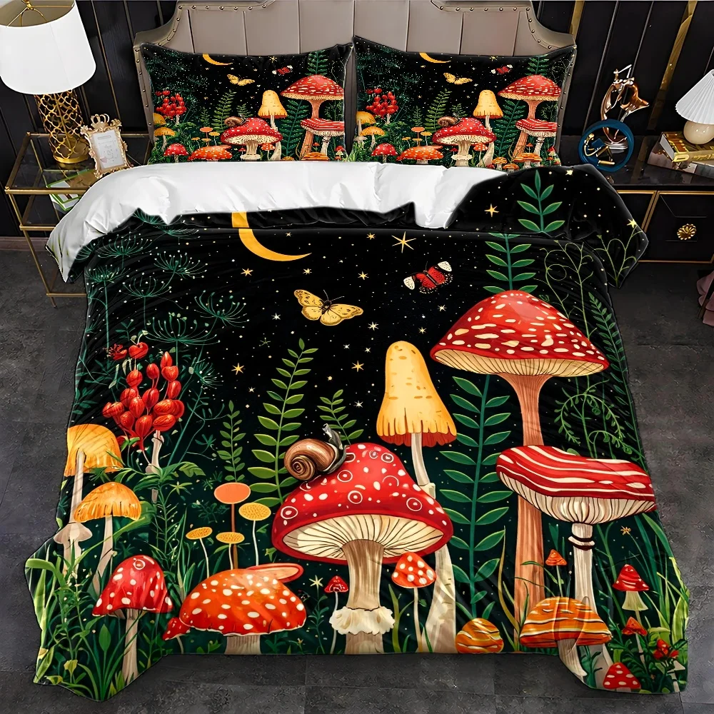 3Pc Dreamy Forest Mushroom Theme Duvet Cover Set, Three-Piece Bedding Set (1 Duvet Cover + 2 Pillowcases), Suitable for All Seasons, Machine Washable, Invisible Zipper Design, Large Double Bed Cover Set, Suitable for H