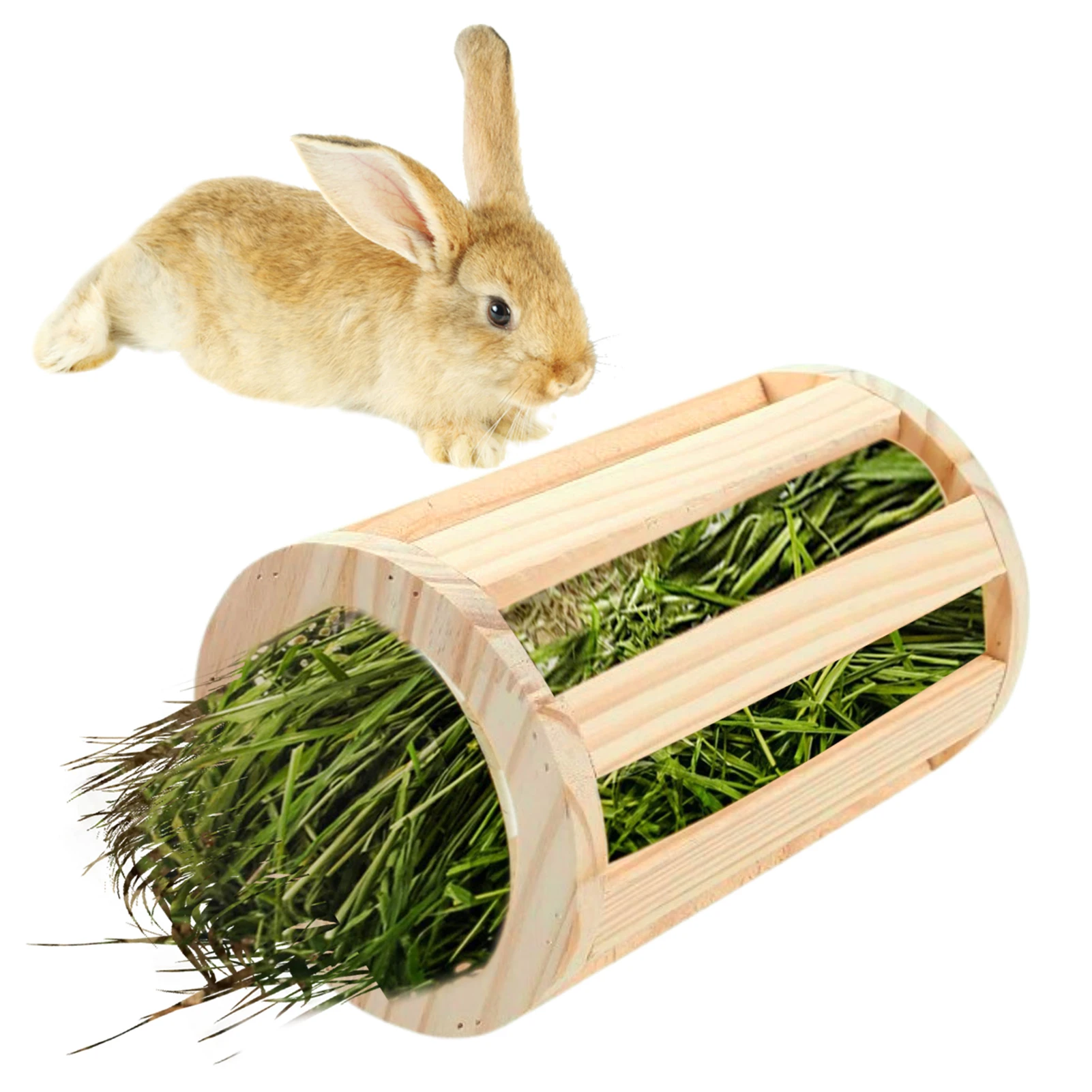 Rabbit Guinea Pigs Pet Animal Feeder Assessories Chinchilla Food Hay Bin Dispenser Hay Rack Food Bowl Cylindrical Wood Mountable