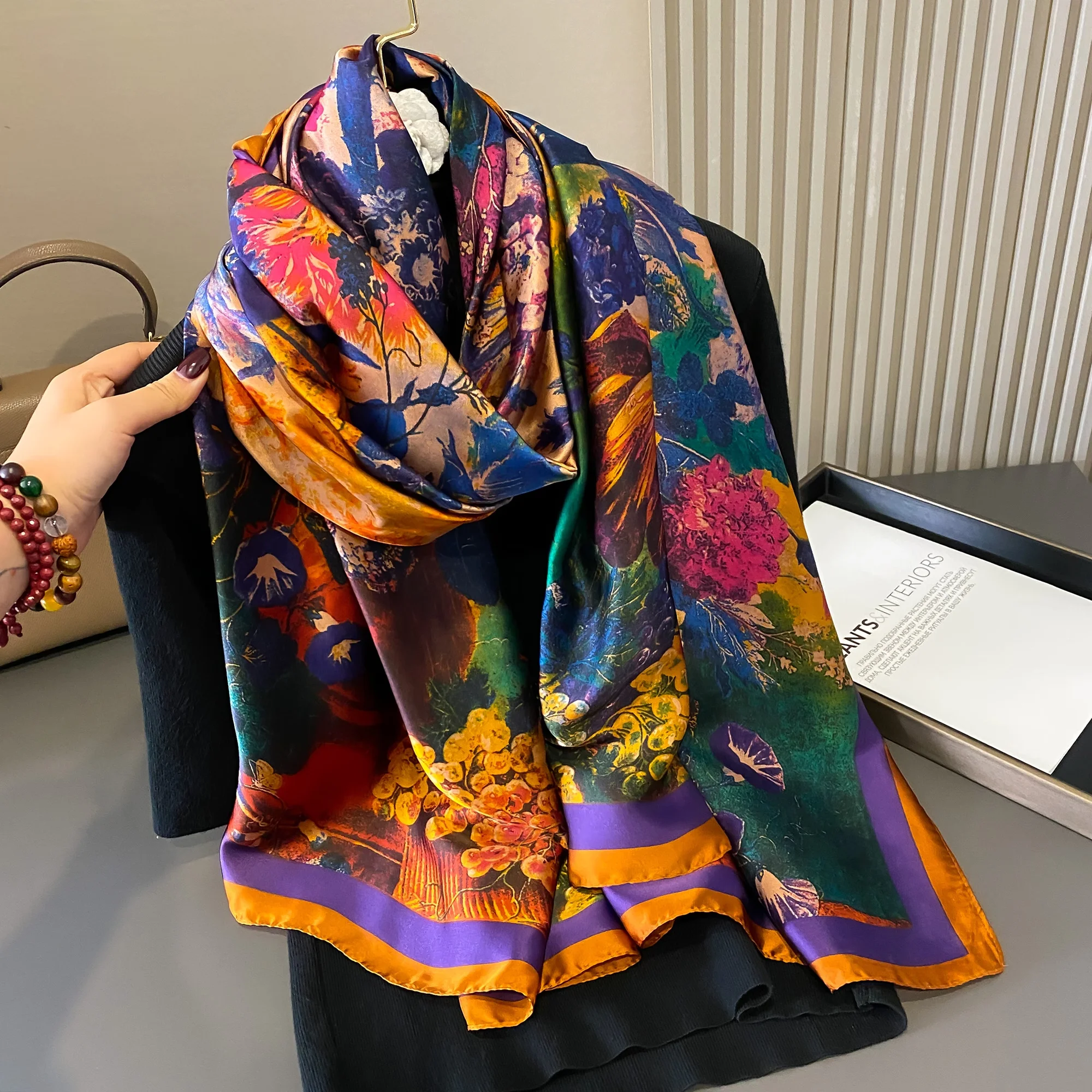 180*90cm Luxury Brand Women Summer Silk Scarves Shawls Lady Wraps Soft Female Geometry Beach Stole Bandanna Foulard Muffler