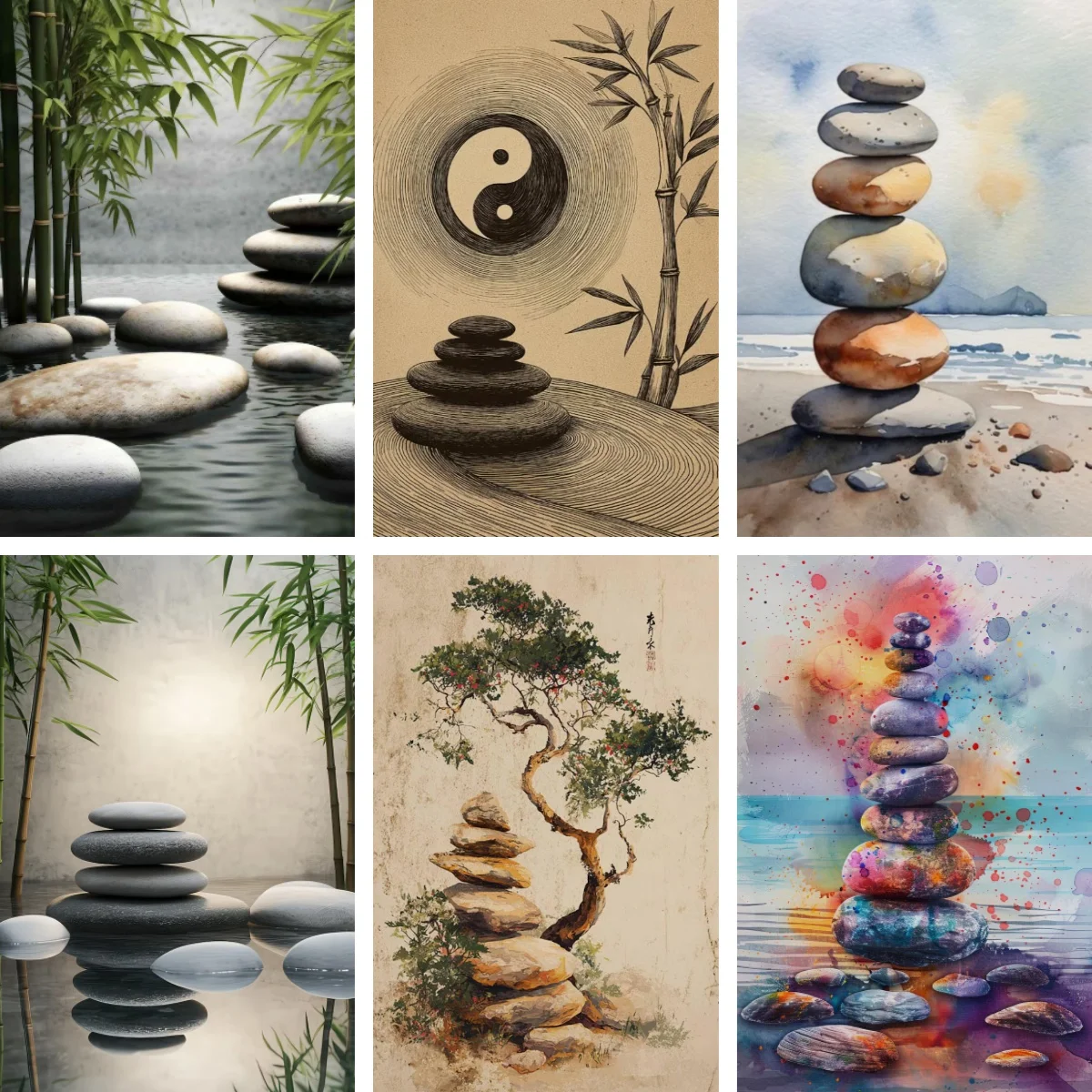 Zen Tree and Stone Stack Poster Diamond Painting Kits Meditation Room Decor Balancing Stones Art Beach Stone Wall Sticker
