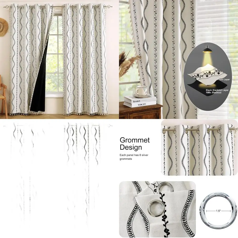 ستائر حرارية معتمة على شكل زهور 96، طراز المزرعة البوهيمية، نمط أبيض وأسود، لغرف النوم وغرف المعيشة