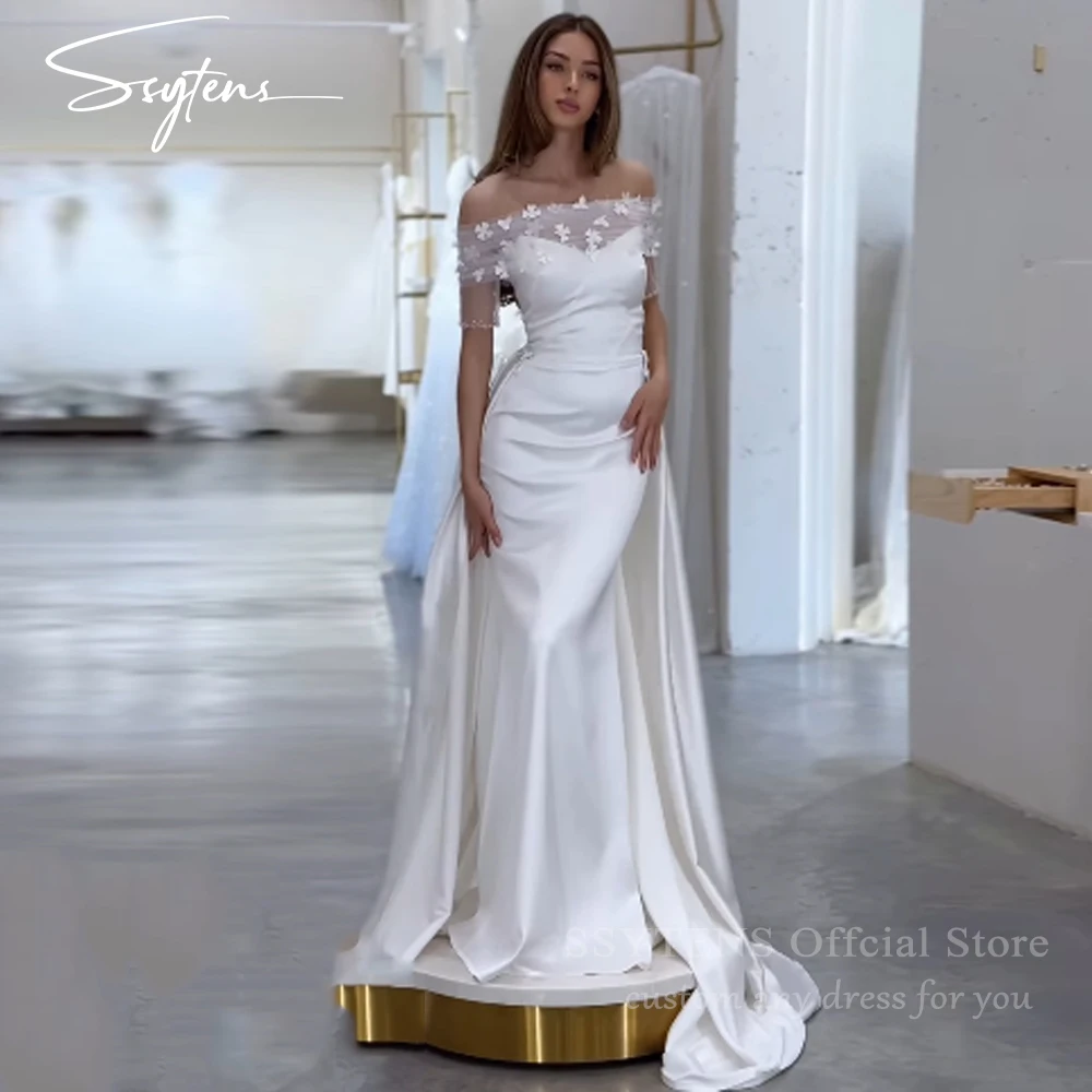 

SSYTENS Simple Mermaid Wedding Dresses White Off The Shoulder 3D Flower Satin Bridal Dress 2026 Wedding Prom Gowns Customized