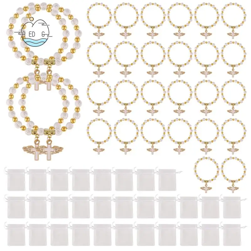 

AED6-Angel Wing Cross Bracelet Favor With Organza Bags Acrylic Baptism Favor For Boy And Girl Communion Birthday Wedding