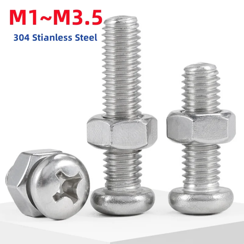 

M1 M1.2 M1.4 M1.6 M2 M2.5 M3 M3.5 304 Stianless Steel Phillips Pan Head Screws With Hex Nuts Cross Round Bolts Combination Set