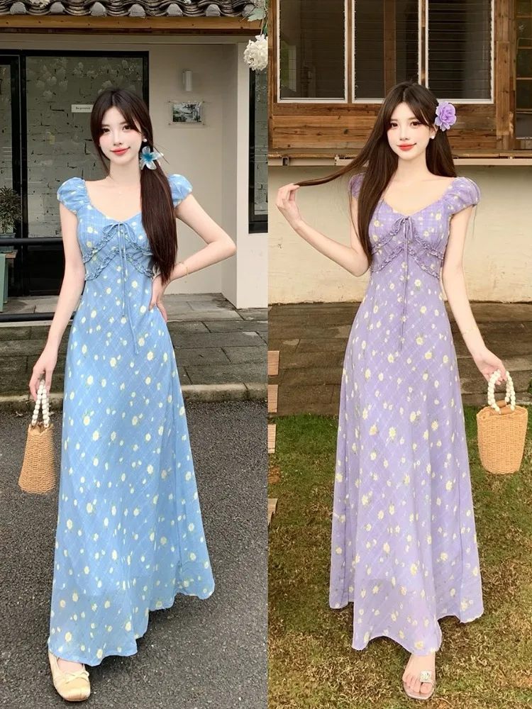 

Summer V-neck A-line Dress plus Size Waist-cinching Long Skirt Floral Print French Style Breathable Skin-friendly Short Sleeve