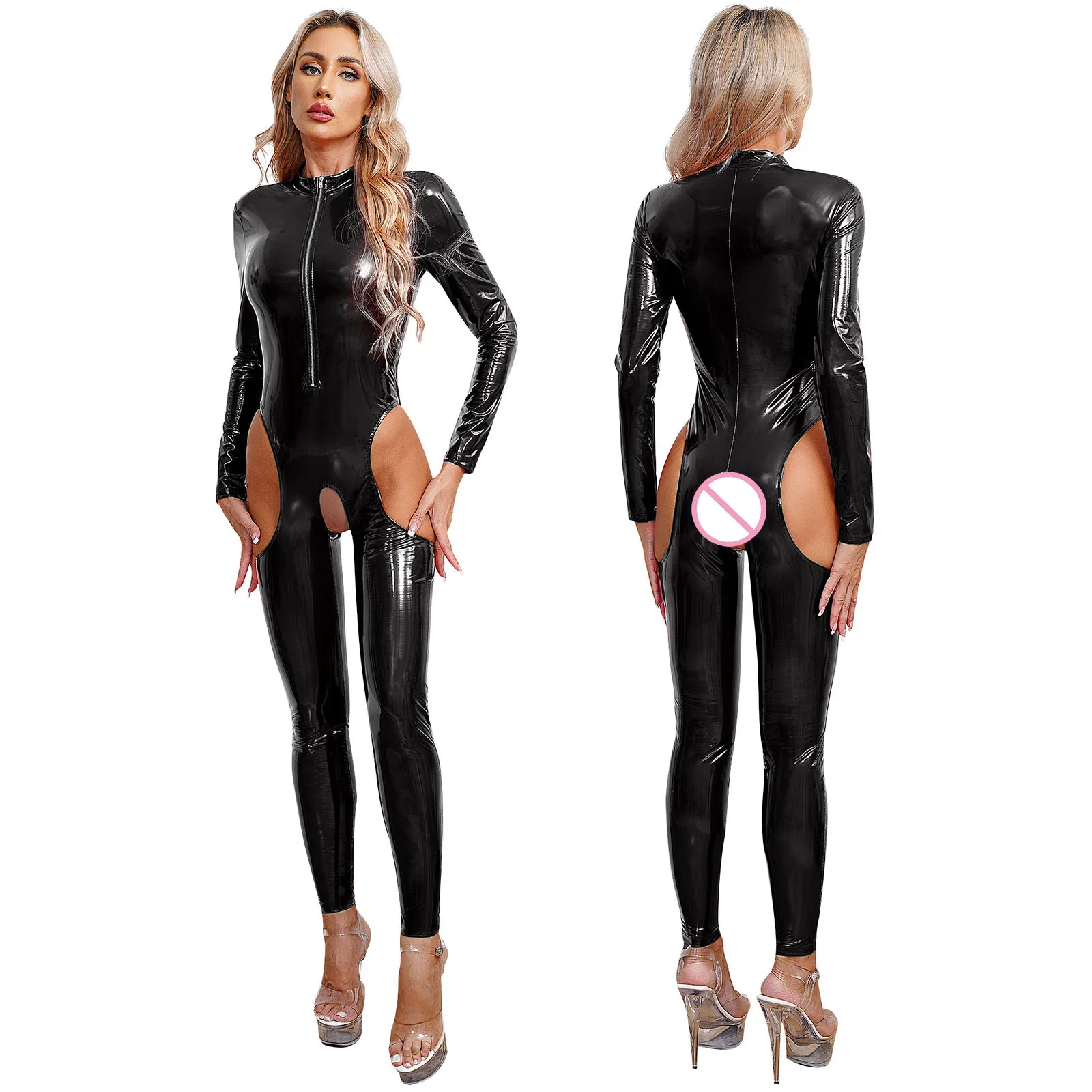 

Женский сексуальный комбинезон, комбинезон из лакированной кожи с вырезами и вырезами, комбинезон с длинным рукавом, Облегающий комбинезон с вырезами, комбинезон, клубная одежда