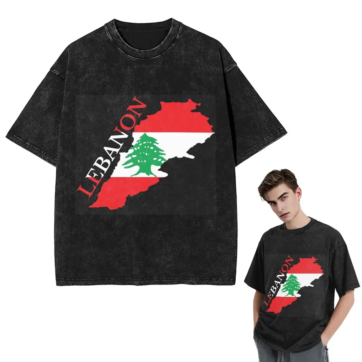 Streetwear T-Shirts Lebanon Flag Map Washed T Shirt Short Sleeve Hip Hop T-Shirt Tops Tees for Men Women