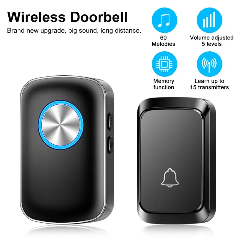 

Wireless Doorbell Samrt Home Welcome Door Bell US EU Plug 300M Range 60 Melody 5 Level Volume Door Chime Kit with LED Light