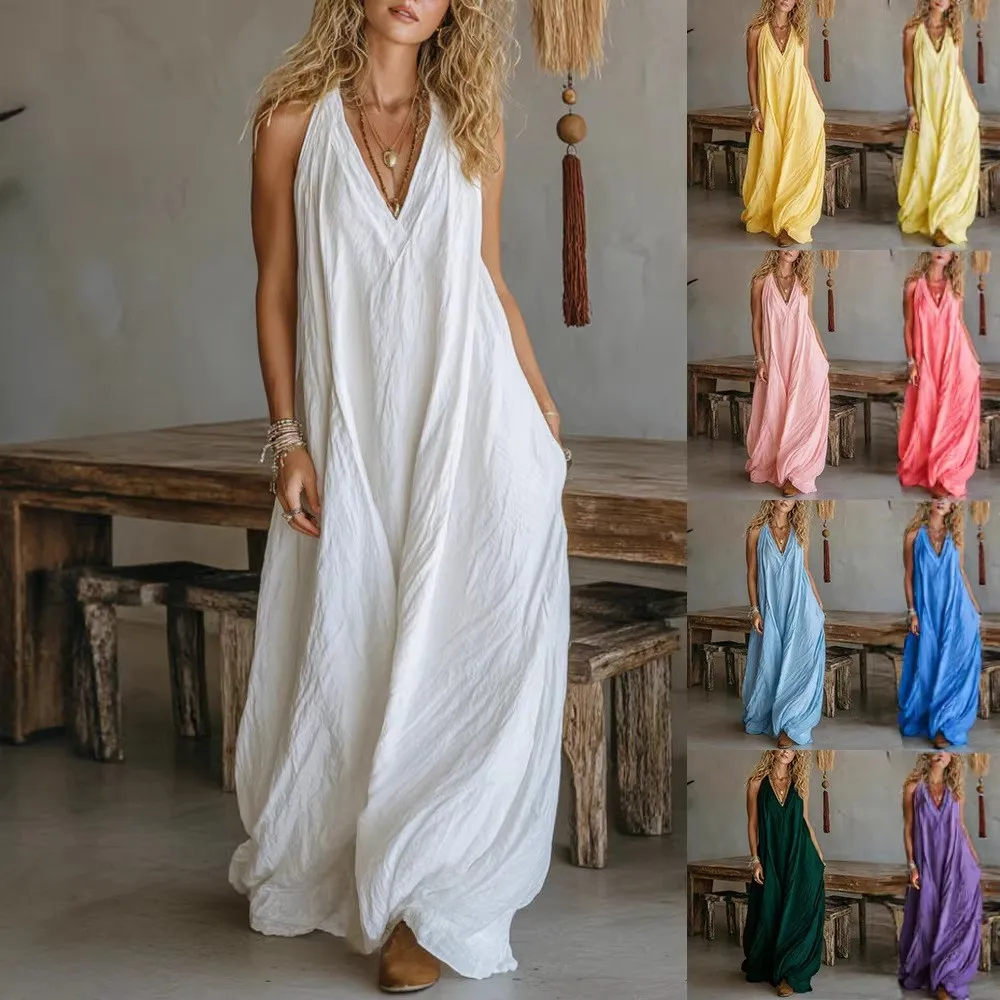 

Summer White Dress Women's Spaghetti Strap Dresses Solid Color Asymmetrical Hem Maxi Dress Skirt Tank Dress