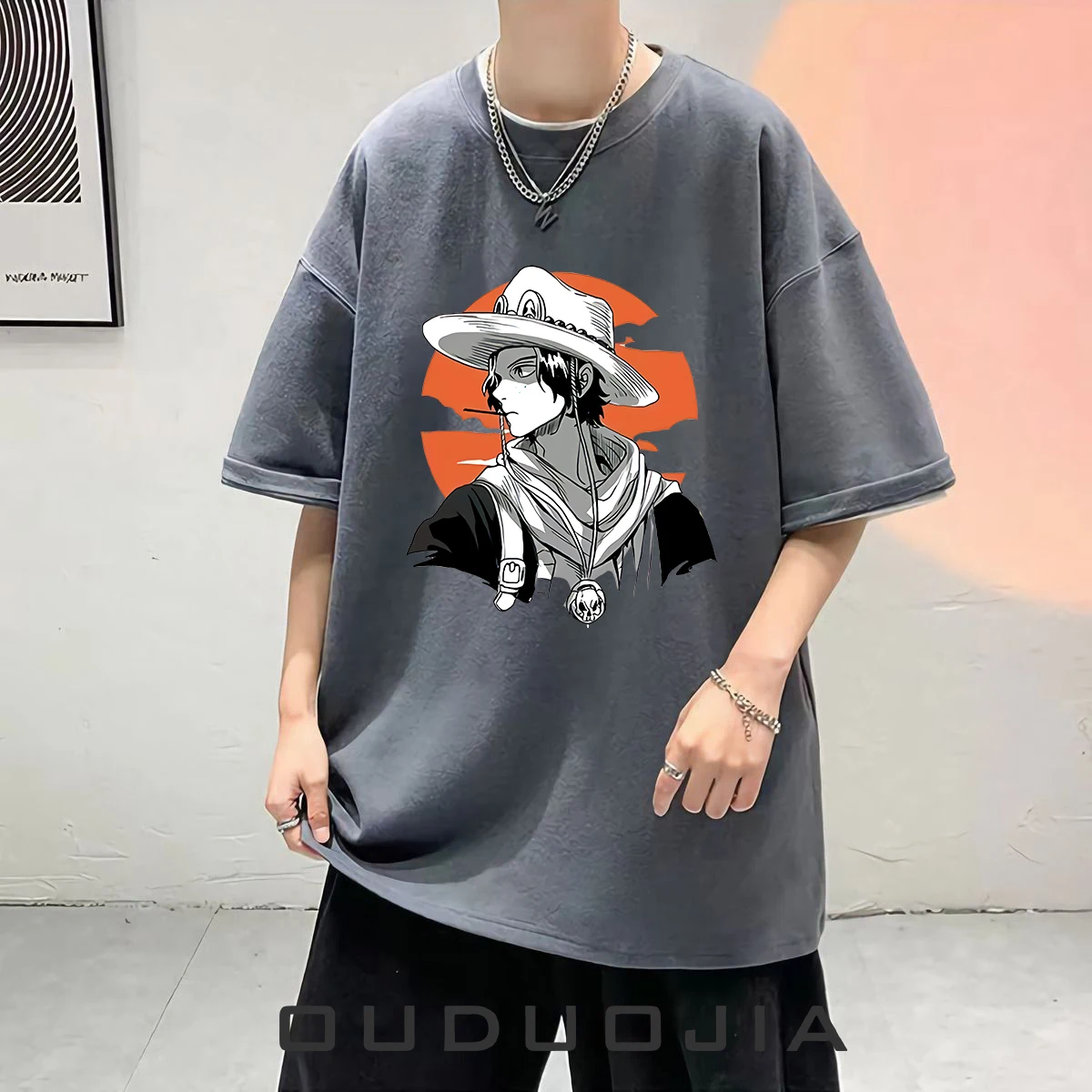 قطعة واحدة Ace تي شيرت الرجال قصيرة الأكمام القطن الثقيل الرسوم المتحركة الصيف هونغ كونغ نمط فضفاض ومتعدد الاستخدامات الاتجاه نصف كم