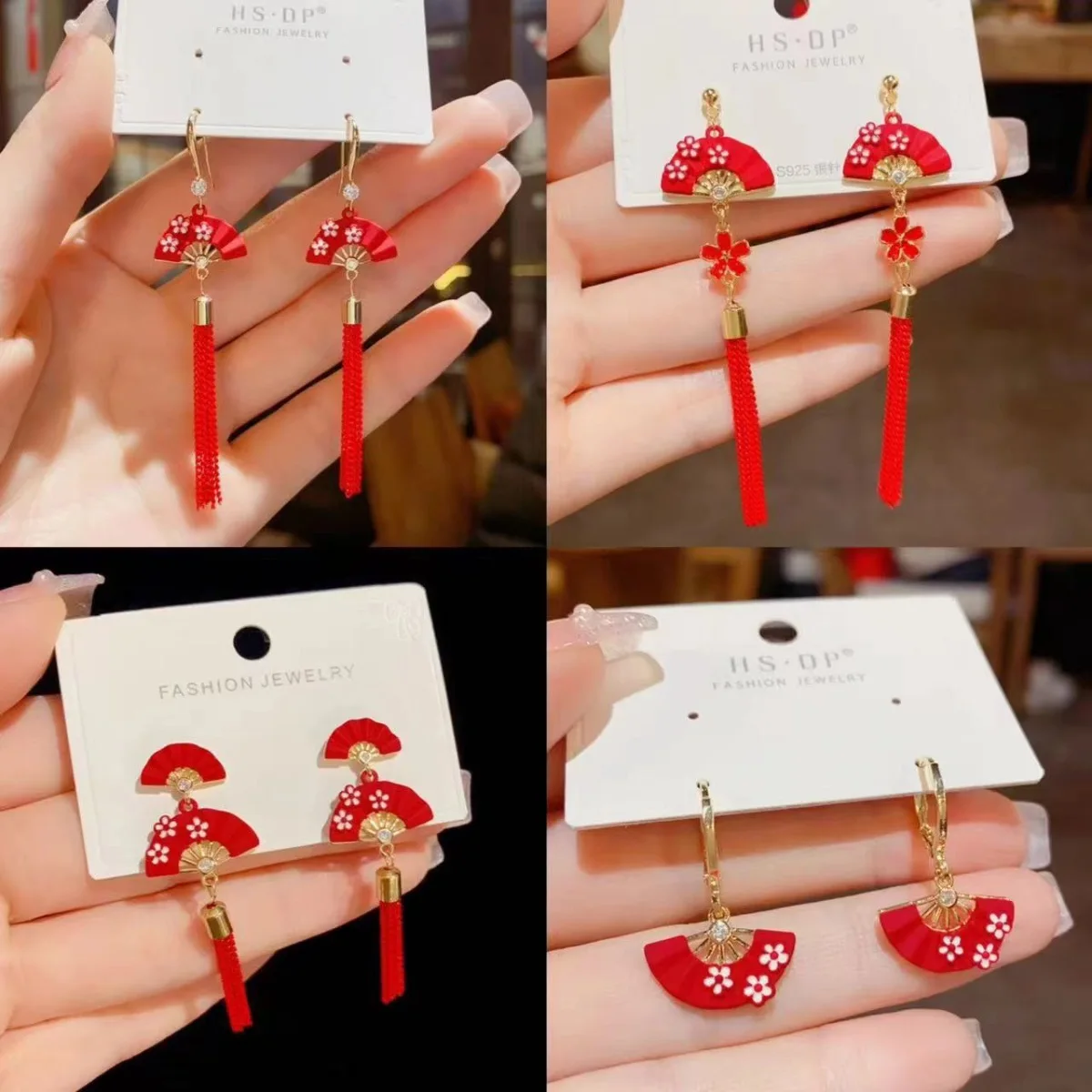 Ethnic Chinese Fashion Fan Shaped Flower Earrings for Women Red Color Tassel Luxury Jewelry Creative New Year Festival Gift 2024