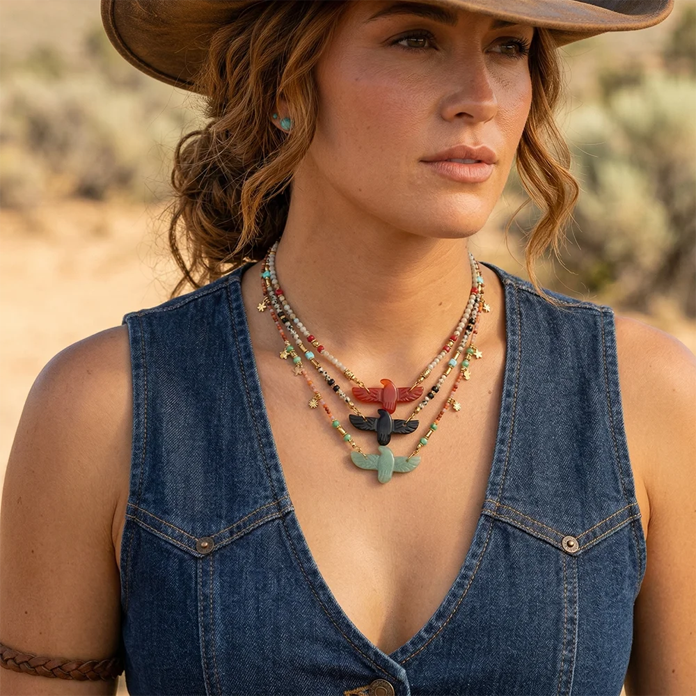 

Natural Stone Beaded Necklace Stainless Steel Thunderbird Eagle Pendant Vintage Western CowboyJewelry Collar Gift For Men Women