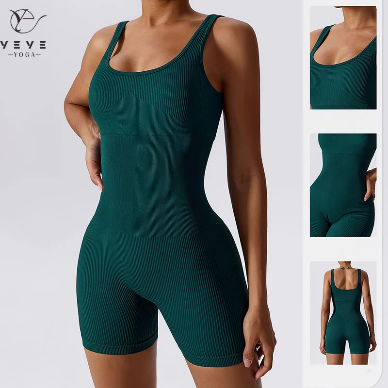 Damskie pajacyki do jogi Jednoczęściowy wyszczuplający brzuch Bezszwowy prążkowany kombinezon Wyściełany biustonosz sportowy Romper Moda Fitness Odzież sportowa