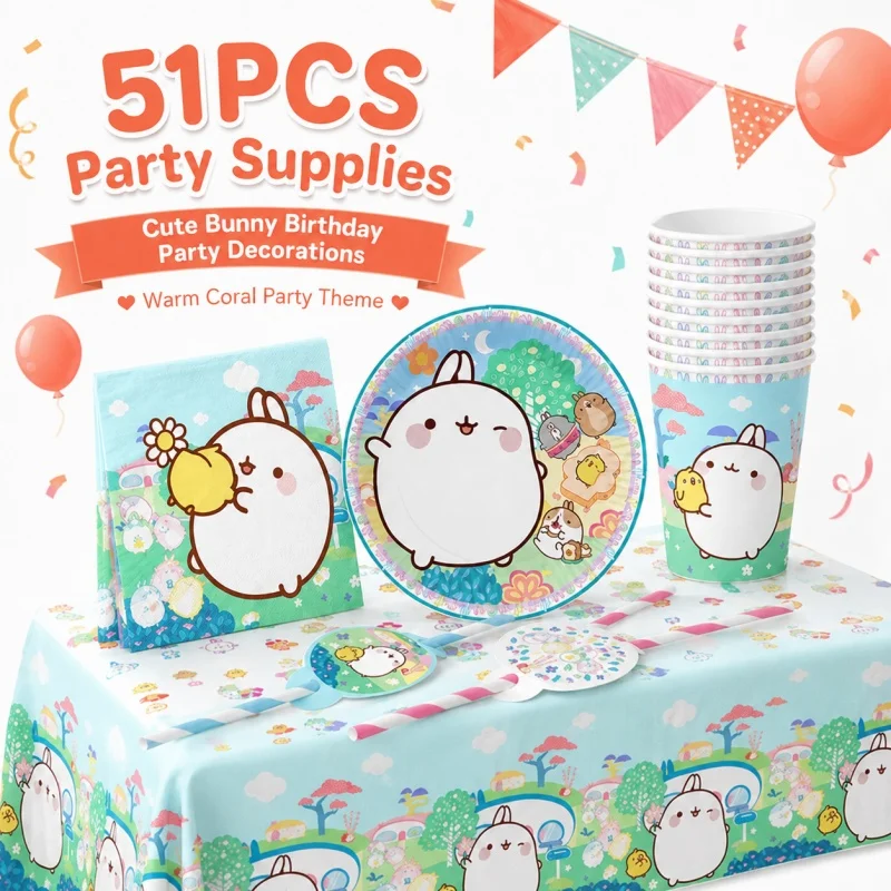 Molang Happy Birthday Party Decoration Combo Practical Tableware Set Cute Bunny Cup Plate Suitable Indoor Outdoor Celebrations - view 4