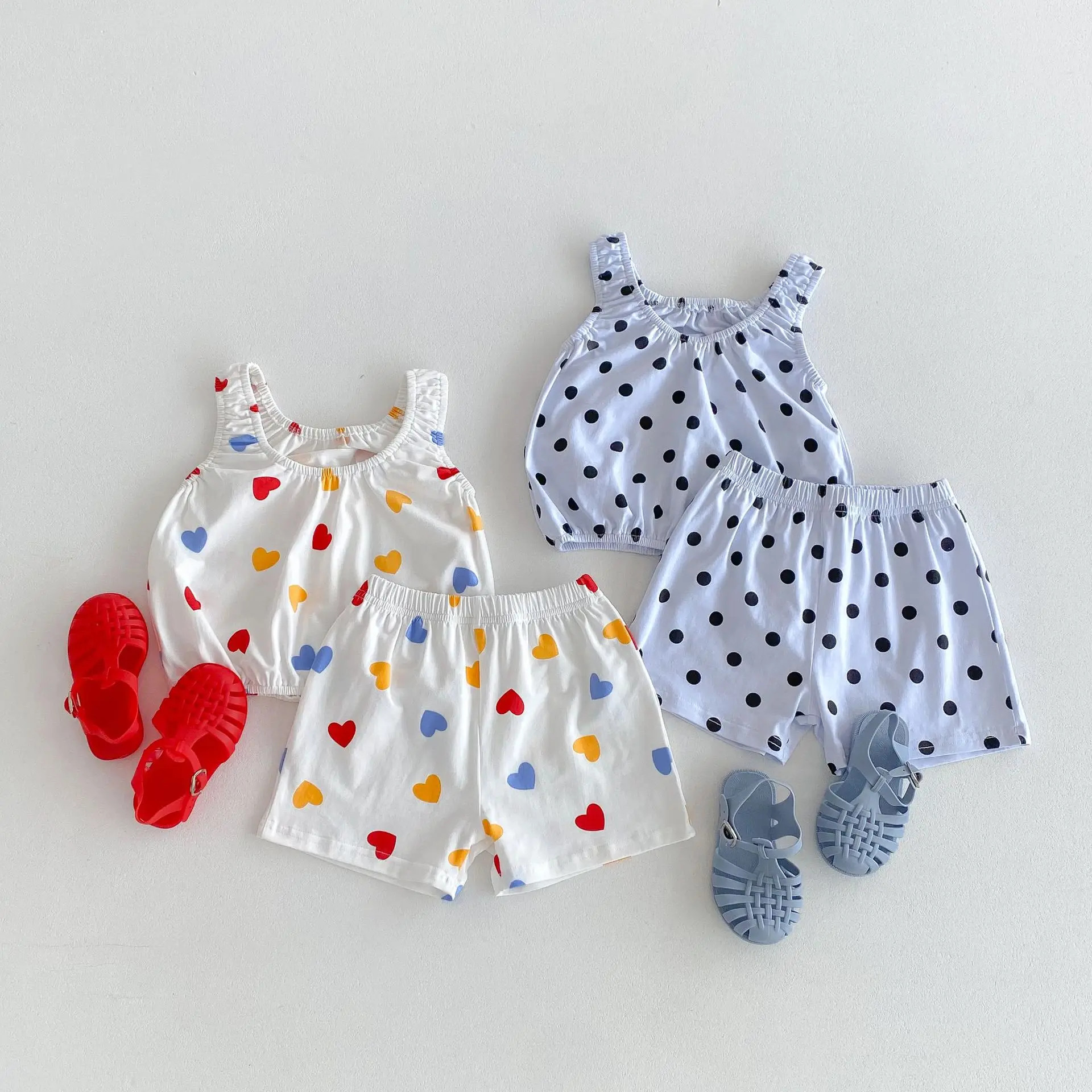 2024 Summer New Baby Sleeveless Clothes Set Kids Girls Cute Heart Dot Print Vest + Shorts 2pcs Suit Cotton Toddler Outfits